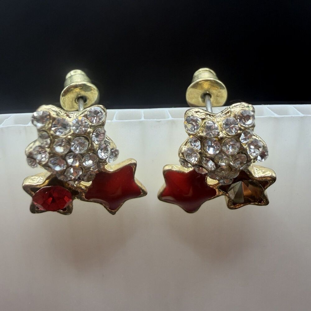 Vintage Gold Rhinestone Star Cluster Stud Earrings Red Enamel Holiday Festive